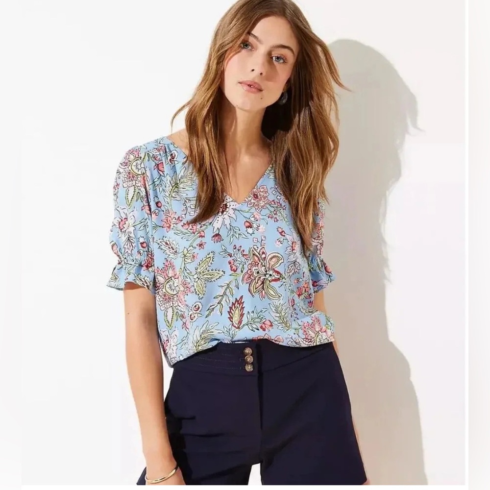 LOFT Women’s Blue Multi Garden V-Neck Puff Short Sleeve Top Blouse Sz-Small